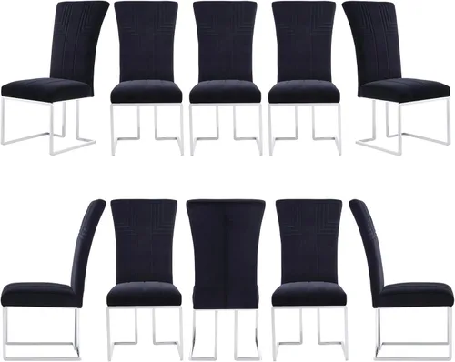 Miniatura 15 de AUZ Juego de 6 sillas de comedor negras y doradas, sillas tapizadas de terciopelo negro con patas de trineo de acero inoxidable pulido, sillas