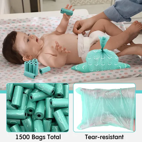 Miniatura 5 de 1500 bolsas desechables para pañales de bebé, eliminación de aromas de polvo de bebé o bolsas de residuos de mascotas, 100 rollos (aguamarina)
