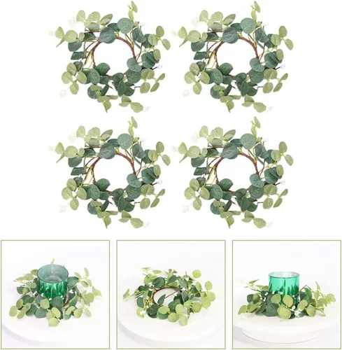 Miniatura 9 de STOBOK 4 coronas artificiales de eucalipto, anillos de vela, corona, pilar, candelabro, coronas pequeñas, hojas verdes, corona, decoración de velas