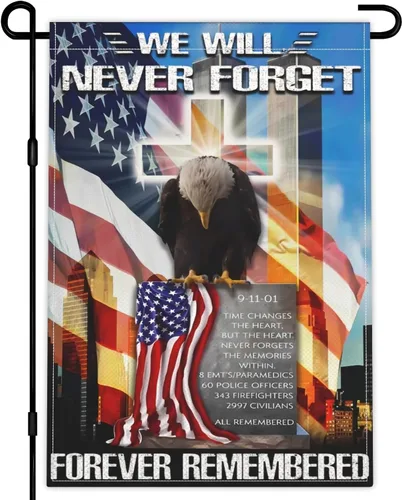 Bandera de jardín 911 Never Forget de 12 x 18 pulgadas con texto en inglés "American We Remember 9/11", bandera de jardín del Día del Patriota