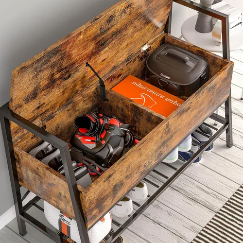 Miniatura 2 de IRONCK Banco de almacenamiento, banco industrial para zapatos con caja de almacenamiento, soporta hasta 240 libras, organizador de zapatos