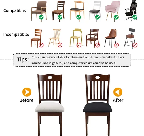 Miniatura 5 de Fuloon Fundas elásticas para asiento de silla, 4 unidades, extraíbles y lavables, fundas para sillas de comedor, antipolvo, fundas de cojín de Negro