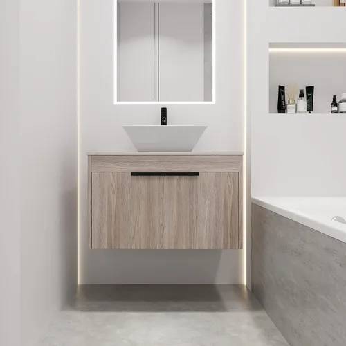 Miniatura 12 de Combinación de tocador de baño de 30 pulgadas con lavabo, moderno tocador flotante montado en la pared con lavabo de cerámica y puerta de cierre