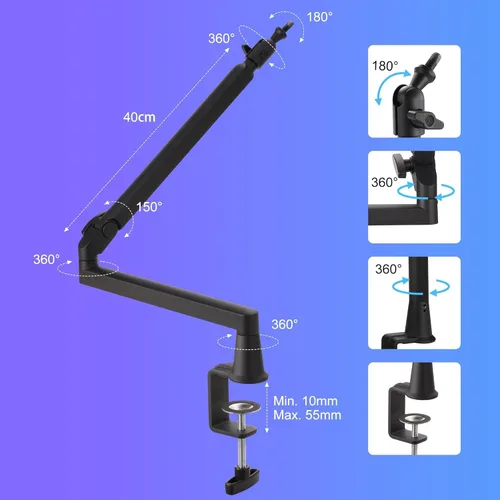 Miniatura 3 de Brazo de micrófono de perfil bajo de 5.9 in extra elevador, brazo de brazo de micrófono ajustable, soporte de micrófono montado en el escritorio