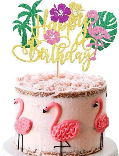 Miniatura 15 de Rsstarxi Paquete de 25 adornos tropicales para cupcakes Luau con decoración de pastel de flamenco de feliz cumpleaños, palmera, flamenco, piña