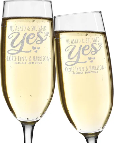 Miniatura 7 de Juego de 2, copas de champán personalizadas para boda, 8 onzas, grabado personalizado con nombres y fecha, flautas de brindis para novia, novio