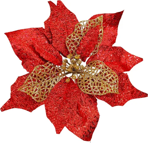 Juego de 20 flores de pascua de 8.7 pulgadas de ancho, 3 capas de flores de Pascua rojas con purpurina, adornos para árbol de Navidad rojo, coronas,