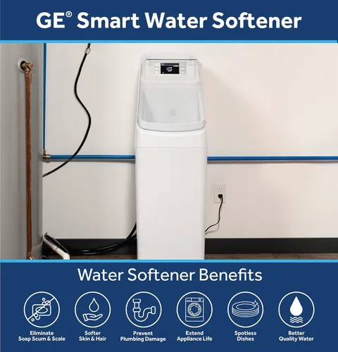 Miniatura 2 de GE Suavizador de agua inteligente con filtración integrada, 30,000 granos, reduce los minerales duros a toda la casa, WiFi integrado con alertas