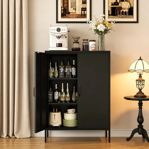 Miniatura 12 de Gabinete de Almacenamiento de Metal para Baño, Gabinete Aparador Negro con Puertas de Vidrio y Estantes Ajustables, Pequeños Gabinetes de Metal