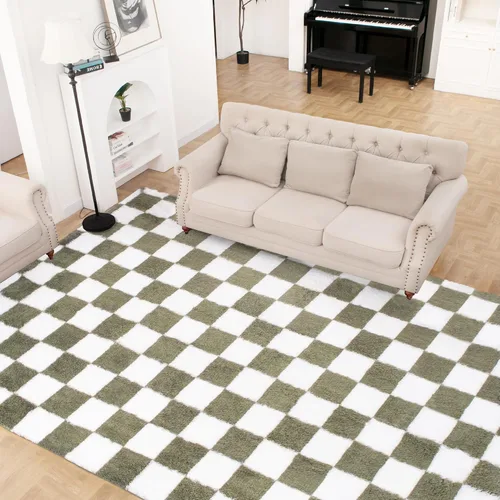 Miniatura 9 de Alfombra de área súper suave en blanco y negro, de 5 x 7 pies, alfombra clásica a cuadros de pelo alto mullida para dormitorio, sala de estar, Negro