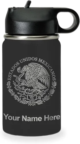 LaserGram Botella de agua personalizada, bandera de México, acero inoxidable de doble pared aislada al vacío con popote superior, regalo grabado