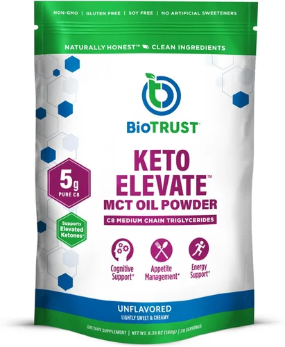 BioTrust Keto Elevate - Aceite en polvo C8 MCT, crema cetogénica de café MCT, crema de café Keto - Energía limpia, enfoque mental y claridad - Polvo