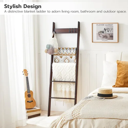 Miniatura 3 de HOOBRO Escalera para toallas para sala de estar y dormitorio, estante decorativo en forma de escalera de 5 niveles para pared y baño, con 4 ganchos