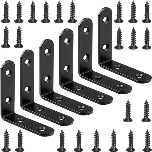 6 piezas de soportes de esquina en L negros de acero inoxidable de 65x65mm, soportes de estante resistentes para madera, estantes, soportes de unión
