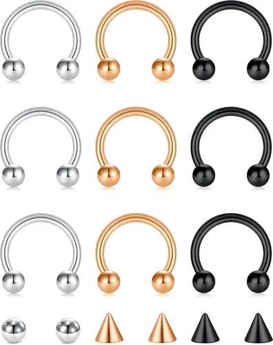 Miniatura 15 de D.Bella Anillos de herradura para el tabique de nariz de acero quirúrgico 16G 18G 20G Joyería de piercing para nariz, cartílago, hélix, tragus, aro