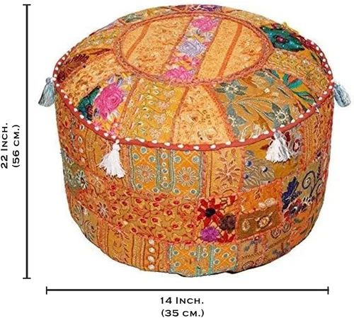 Miniatura 3 de Funda para puf con bordado étnico indio, algodón indio, redonda, para otomana, reposapiés, cojín – solo funda, decoración étnica artística