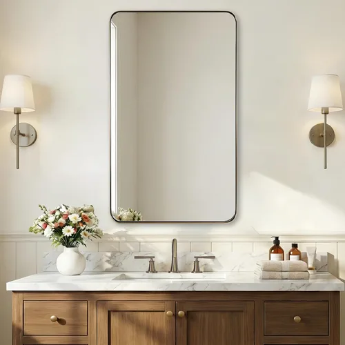 Miniatura 47 de ANDY STAR - Espejo de baño de 24 x 40 pulgadas dorado, marco de metal de acero inoxidable con esquina redondeada, panel de vidrio rectangular