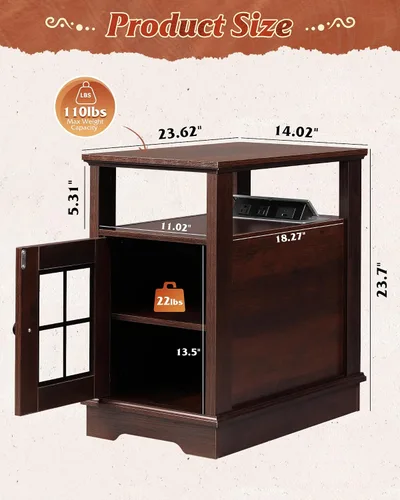 Miniatura 3 de WLIVE Mesa auxiliar de estilo granja con estación de carga, mesa lateral estrecha con almacenamiento, mesita de noche pequeña con puertos USB