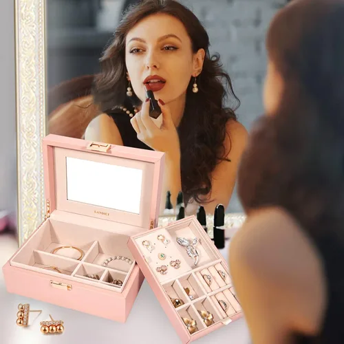 Miniatura 7 de LANDICI Organizador de joyas para mujeres y adolescentes, estuche grande de almacenamiento de joyas con espejo y bandeja extraíble de 2 capas