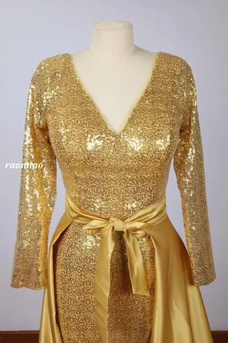 Miniatura 6 de Vestido de fiesta de lentejuelas de manga larga con cuello en V, vestido de fiesta dividido de satén con cola desmontable, vestido de noche formal
