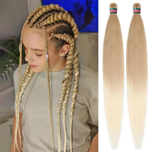 Miniatura 50 de Extensiones de cabello para trenzar verde+verde claro, preestiradas, 2 paquetes, con cabello plumoso pre-trenzado, extensiones de cabello