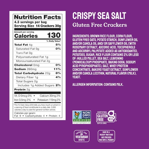 Miniatura 2 de Milton's Galletas sin gluten, sal marina crujiente, proyecto verificado sin OMG, Kosher, aperitivo certificado sin gluten, 5 granos en cada bocado
