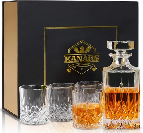 KANARS Juego de decantador de whisky y vasos en caja de regalo única, juego de decantador de licor de cristal original para bourbon, escocés, vodka,