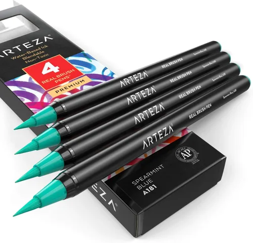Miniatura 44 de Arteza Bolígrafos de pincel real, A174 gris delfín, paquete de 4, bolígrafos de acuarela con puntas de pincel de nailon, suministros de arte