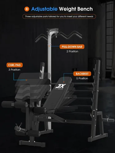 Miniatura 4 de JX FITNESS Banco de pesas olímpico con sistema de polea desplegable LAT y almohadilla de rizo de predicador, prensa de banco de entrenamiento