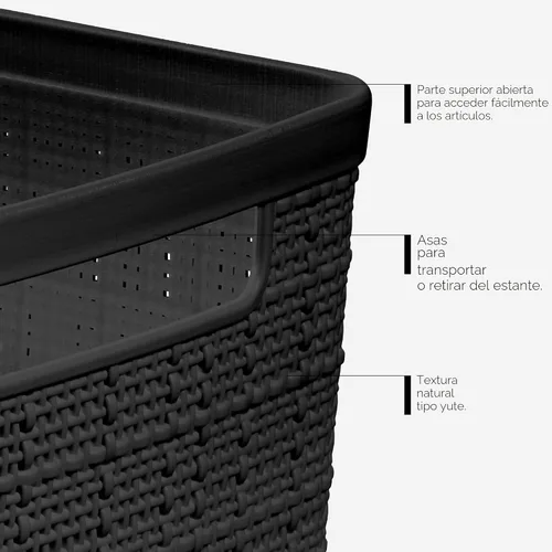 Miniatura 5 de Curver Juego de 6 cestas decorativas de plástico de yute mediano de 12 litros, para organización y almacenamiento, contenedores perfectos para Negro