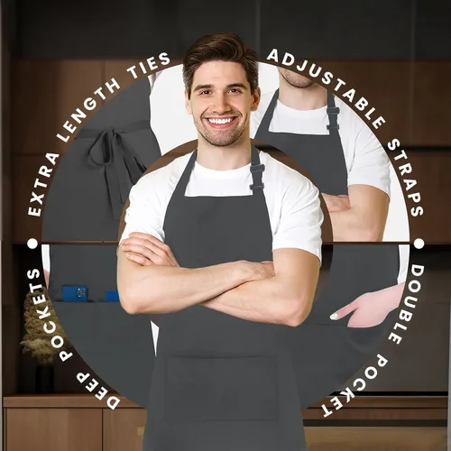 Miniatura 4 de Adjustable Bib Apron 100% Polyester Kitchen Aprons Waterdrop Resistant Aprons with Adjustable Strap, Pockets & Long Ties Gris
