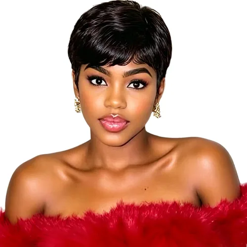 Miniatura 22 de Peluca de cabello humano con corte Pixie para mujeres negras, 100% cabello humano real, peluca corta y recta sin pegamento con flequillo, hecha a