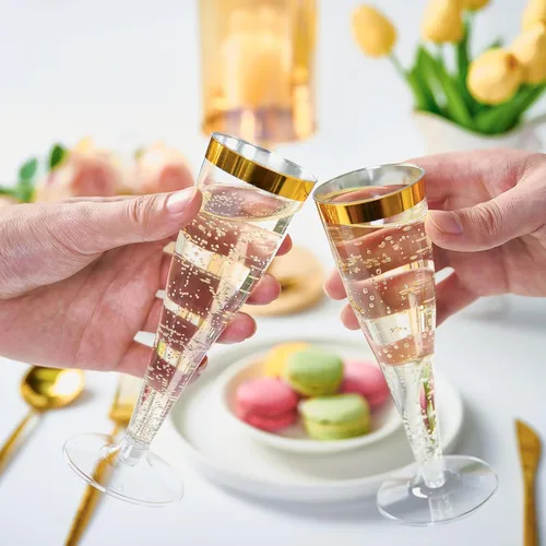 Miniatura 8 de FOCUSLINE Paquete de 100 Copas de Champán de Plástico, Copas de Champán de Plástico con Borde Dorado de 4.5 Onzas, Copas Transparentes Desechables