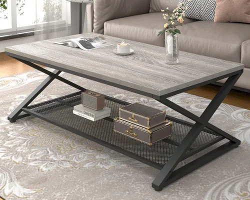 LVB Mesa de Centro Gris, Mesa Central de Madera y Metal Estilo Granja con Almacenamiento para Sala de Estar, Mesa de Cóctel y Té Rectangular de