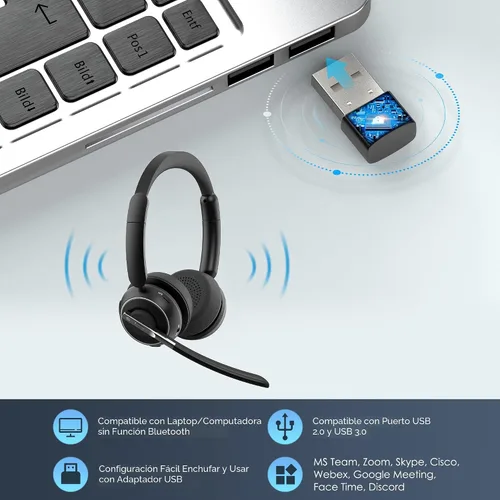 Miniatura 5 de (2025 Actualizado) Auriculares Inalámbricos con Micrófono para Trabajo, Auriculares Bluetooth con Micrófono de Cancelación de Ruido con Dongle, Base
