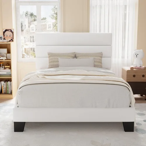 Miniatura 16 de Allewie - Base de cama de plataforma matrimonial con cabecera tapizada de tela y soporte de listones de madera, base de colchón totalmente tapizada