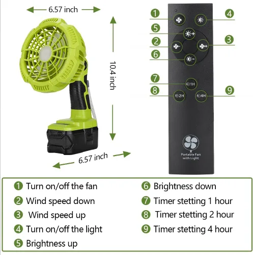 Miniatura 5 de Ventilador inalámbrico de 18 V compatible con batería Ryobi de 18 V, ventilador a batería para acampar con luz LED, control remoto, 3 modos