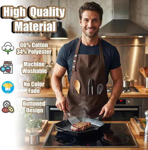 Miniatura 3 de TOSHE Delantal de cocina de algodón resistente a las gotas de agua con delantales ajustables para mujer con bolsillos, 12 opciones de color, Marrón