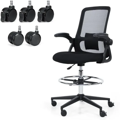 Miniatura 10 de Silla de dibujo, silla de oficina alta con soporte lumbar, silla de oficina alta con reposabrazos abatibles, silla de escritorio de pie con anillo