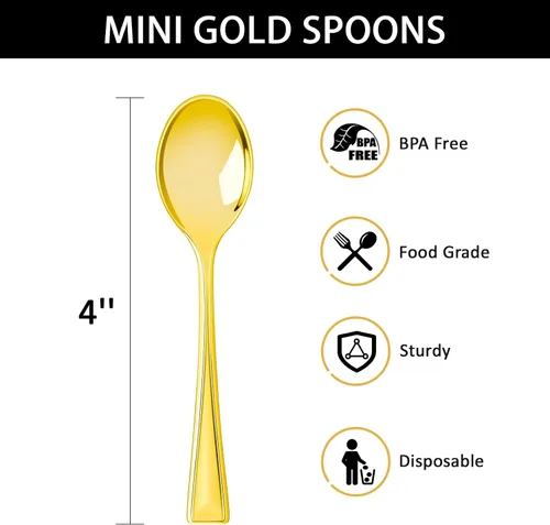 Miniatura 2 de Mini Cucharas de Plástico Dorado de 4 Pulgadas, Paquete de 100 Cucharas Pequeñas de Degustación Resistentes para Postres de Fiesta, Aperitivos