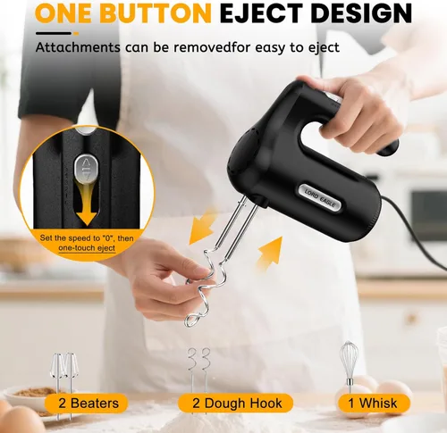 Miniatura 6 de Lord Eagle Batidora de mano eléctrica de 5 velocidades, batidora de mano compacta de 300 W, batidor de huevos de cocina portátil con 5 accesorios