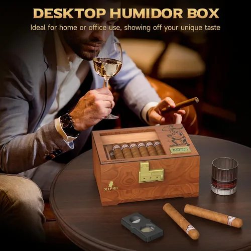 Miniatura 6 de Caja de humidor para puros XIFEI, estuche de escritorio de madera de cedro con higrómetro digital, humidificador, divisor, cajón de accesorios