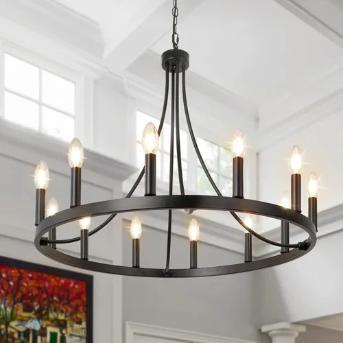Miniatura 10 de LynPon Candelabro Negro de Rueda de Vagón 119 cm, 16 Luces, Candelabro Moderno de Granja, Candelabro Grande Rústico de Techo Alto Redondo, Fixture