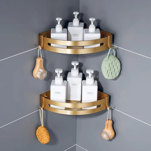 Miniatura 4 de Estante de esquina de baño dorado cepillado para montaje en pared, organizador de ducha, soporte para champú con ganchos, adhesivo o perforación