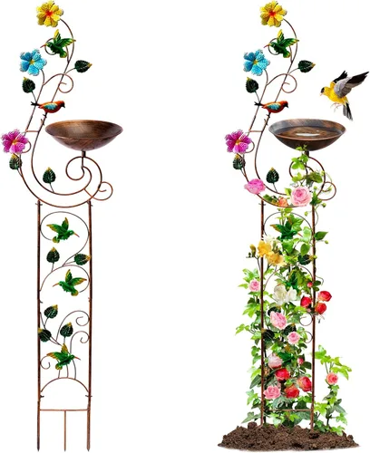 YYWMWM Baño de metal para pájaros de 57 pulgadas de altura con enrejado para exteriores, baños de pájaros decorativos vintage, soporte para plantas