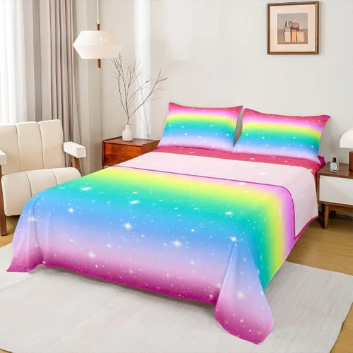 Miniatura 31 de Juego de sábana bajera ajustable de teñido anudado para niñas, juego de ropa de cama con diseño de arco iris degradado de arcoíris, lindo juego