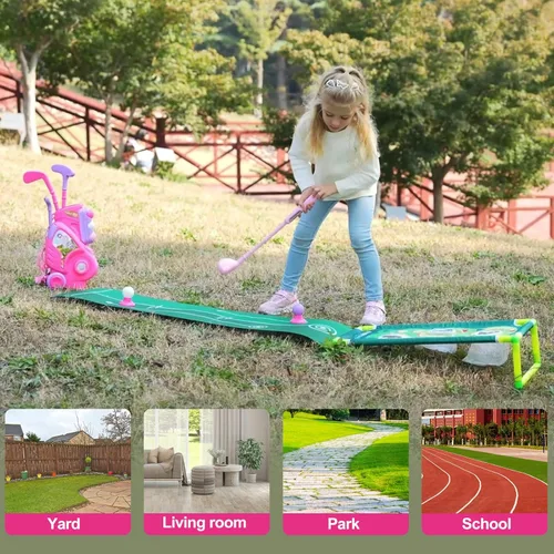 Miniatura 7 de Juego de golf para niños y niñas de 1, 2, 3, 4 años, carrito de golf mejorado para niños con alfombrilla de putting y tabla de cornhole, juguetes