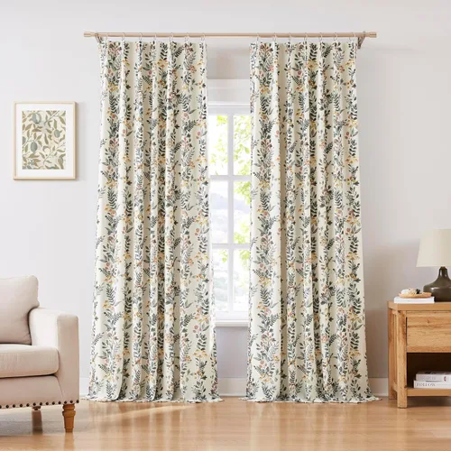 Miniatura 10 de Kayne Studio Paneles de cortina 100% opaca azul gris con estampado de hojas botánicas, cortinas florales de estilo granja para sala de estar y Azul