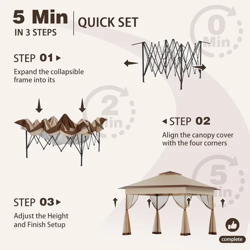 Miniatura 5 de Bezseller Carpa Gazebo Emergente de 11x11 pies con Mosquitero – Instalación Rápida, Toldo Exterior Resistente al Agua para Patio, Jardín, Patio Caqui