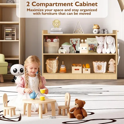 Miniatura 6 de Organizador de almacenamiento de juguetes para niños de 2 niveles, estantería Montessori de madera para niños, armario de almacenamiento de juguetes